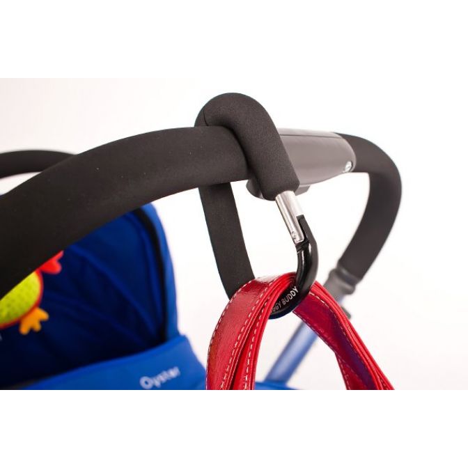 My Buggy Buddy Clip - Black hung on a pram