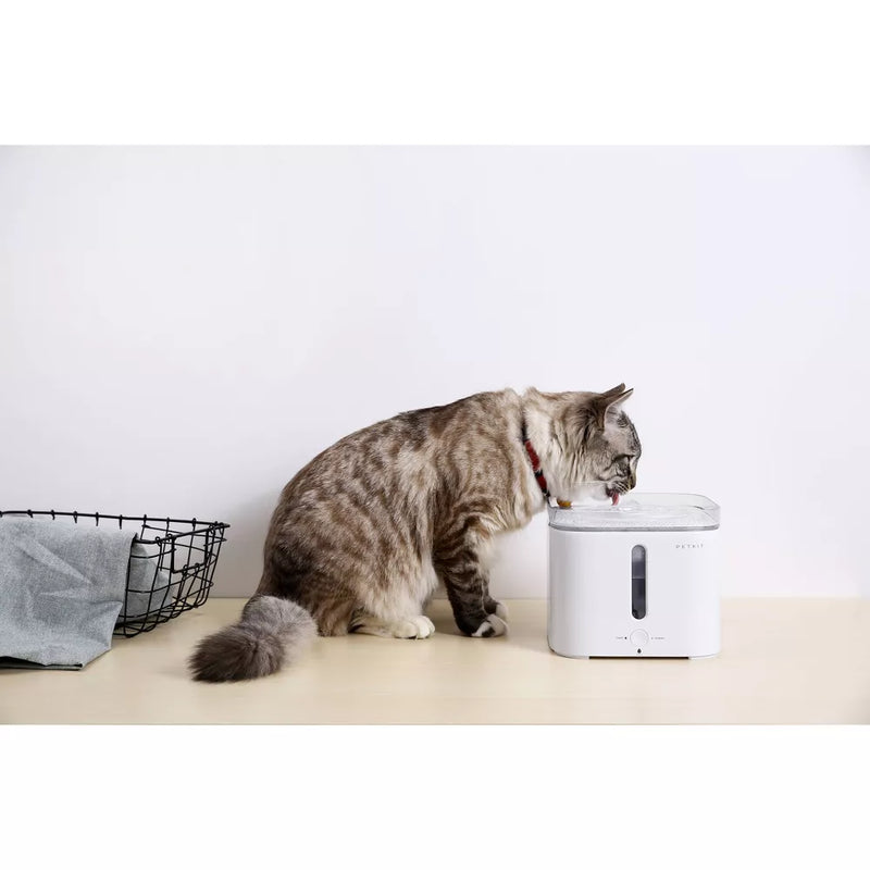 A cat drinking from Generation 2 Drinking Fountain - White