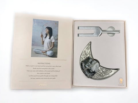 Triple Moon Sound Healing Crystal Kit - Moon Tuning Fork with Moonstone Crystal Moon Dish Set Silver
