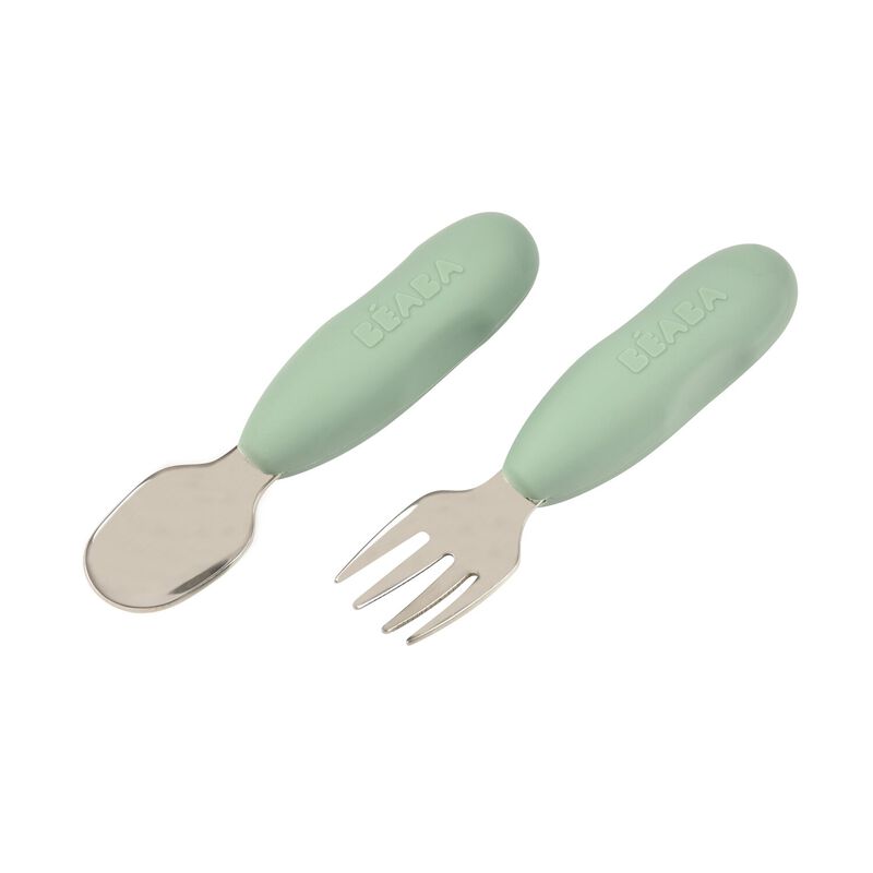Beaba Set of 2 Stainless Steel Pre Cutlery SageGreen