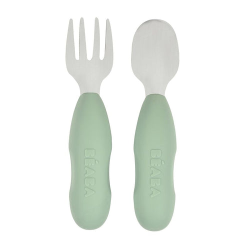 Beaba Set of 2 Stainless Steel Pre Cutlery SageGreen