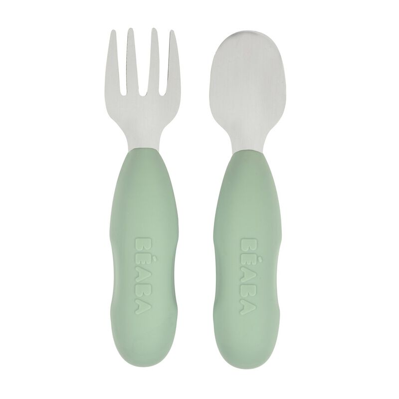 Beaba Set of 2 Stainless Steel Pre Cutlery SageGreen