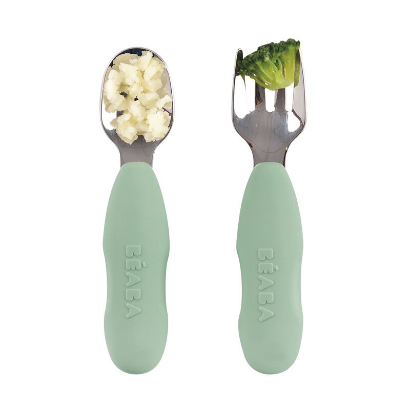 Beaba Set of 2 Stainless Steel Pre Cutlery SageGreen