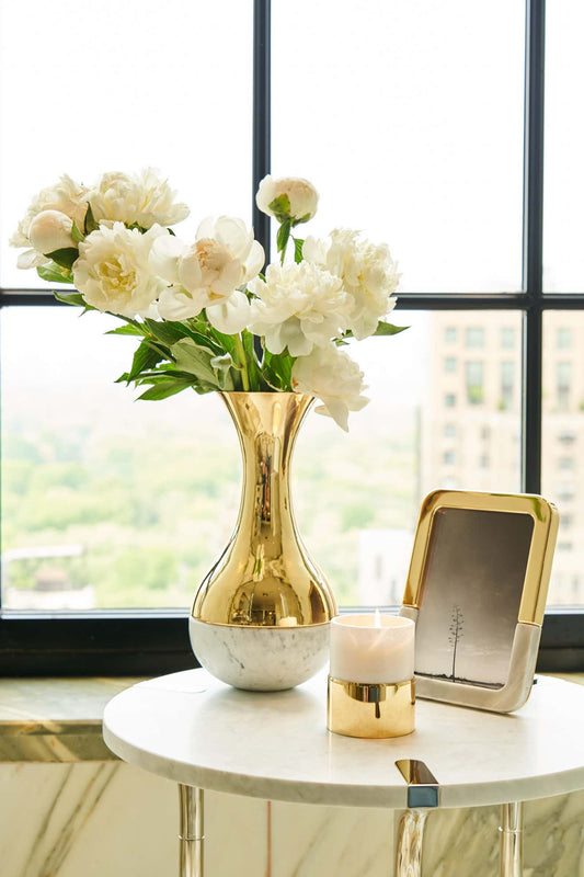 Lovely flowers in a Dual Vase on a table  - Carrara Gold Anna New York
