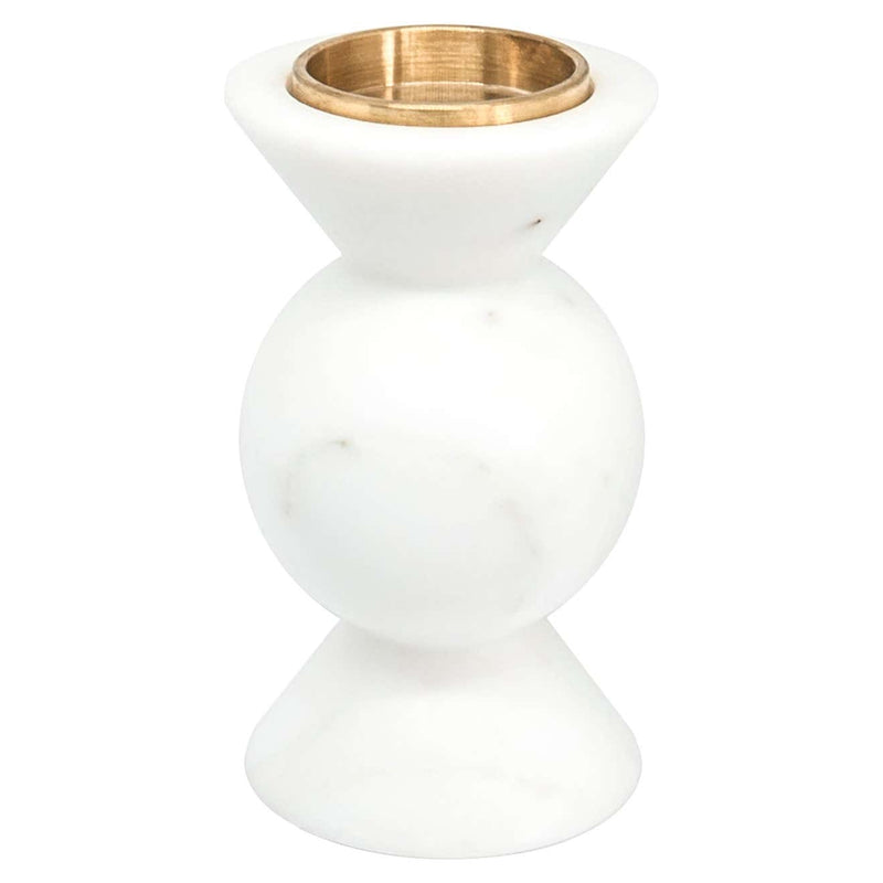 Short Rounded Unicolor Candle Holder in White Carrara Marble and Brass