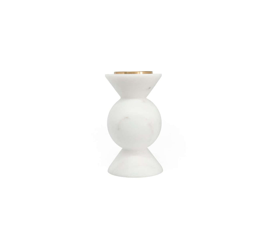 Short Rounded Unicolor Candle Holder in White Carrara Marble and Brass