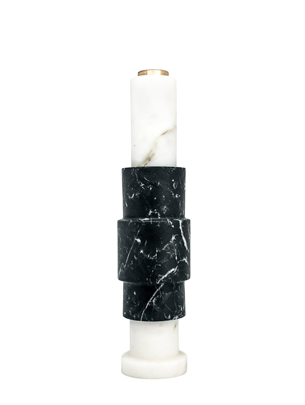 High Squared Two-Tone Candle Holder in White Carrara Marble, Black Marquina and Brass