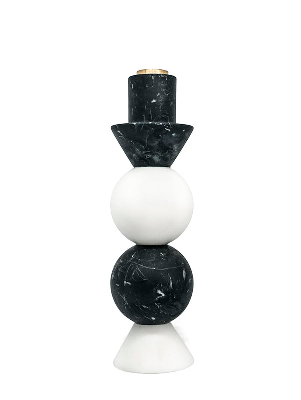 High Rounded Two-Tone Candle Holder in White Carrara Marble, Black Marquina and Brass