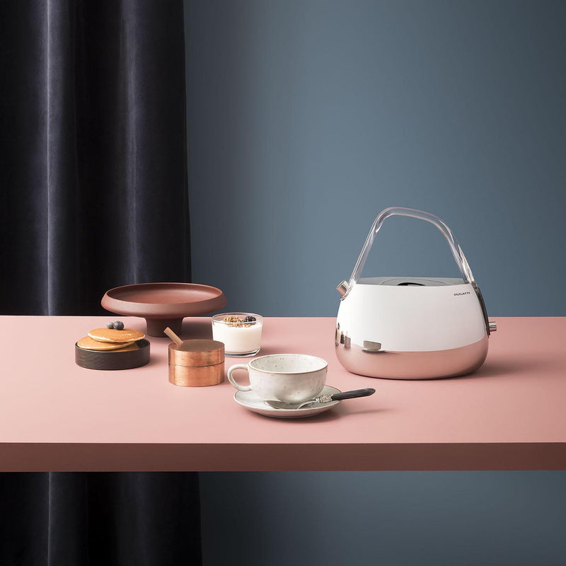Smart Kettle with Transparent Handle on a table with tea and pancakes - Jacque Chrome - By Casa Bugatti