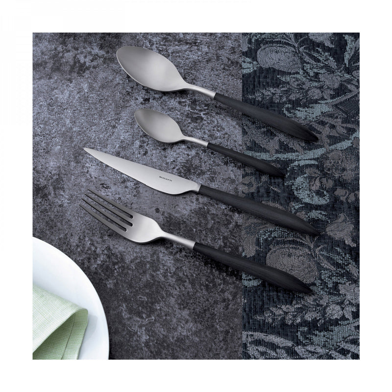 Ares Black Cutlery set - Table spoon, teaspoon, table knife and table fork on a table - By Casa Bugatti
