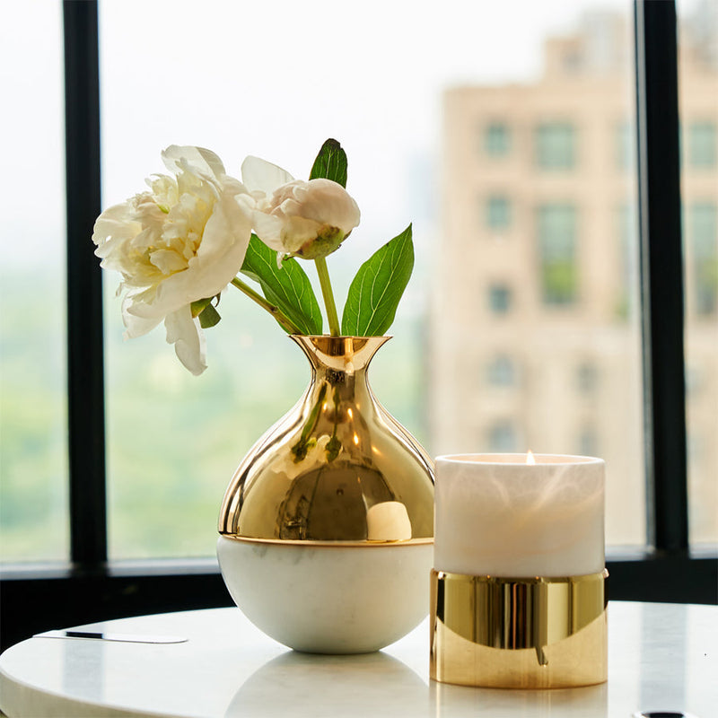 Beautiful Dual Bud Vase with a flowers in it on a table - Carrara Gold Anna New York