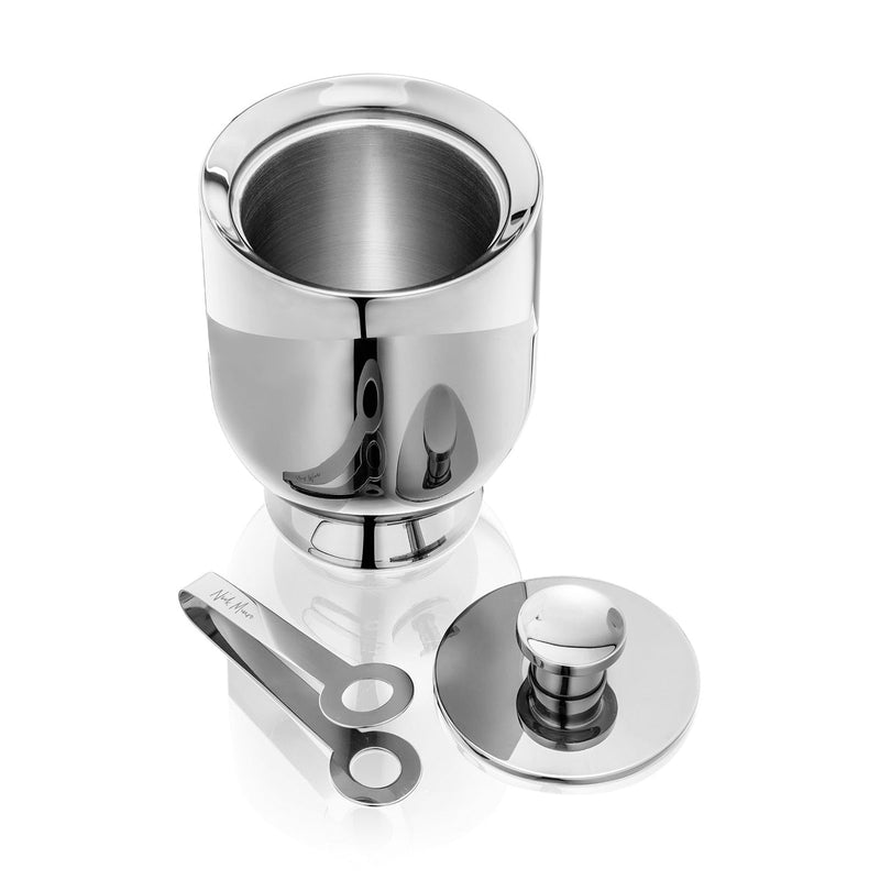 Stainless steel ice bucket with tongs in white background - Nick Munro