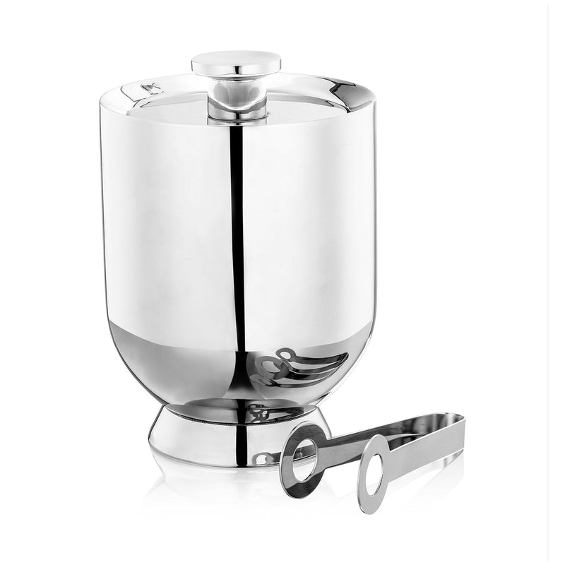 Stainless steel ice bucket with tongs in white background - Nick Munro