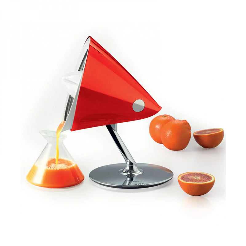 Smart Red Color Juicer pouring orange juice in white background - Vita Juicer - Red Plug Casa Bugatti