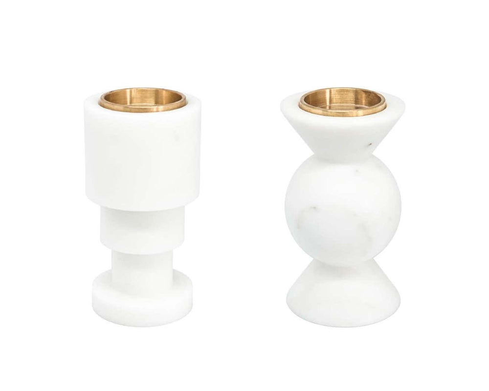 Short Squared Unicolor Candle Holder in White Carrara Marble and Brass