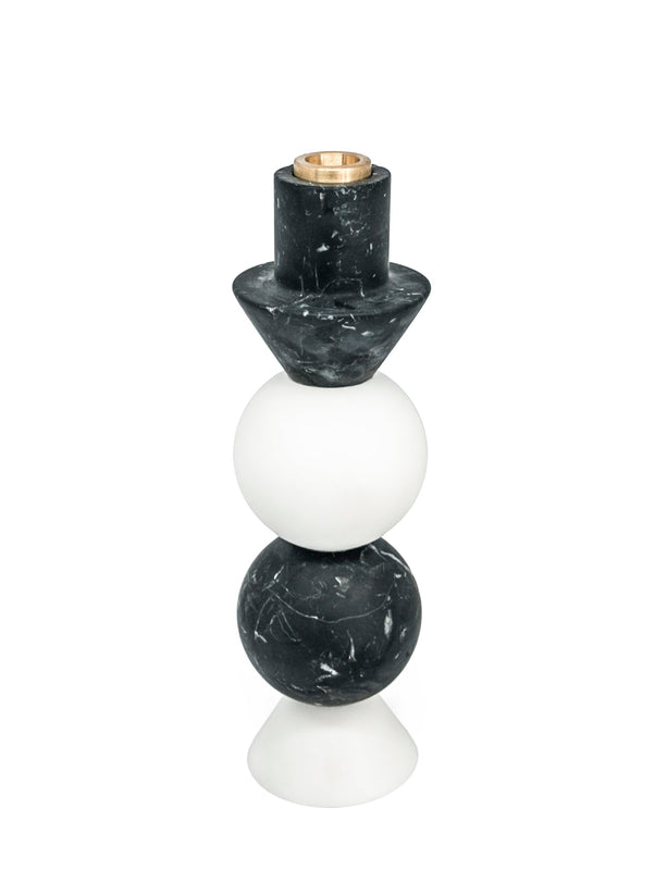 High Rounded Two-Tone Candle Holder in White Carrara Marble, Black Marquina and Brass