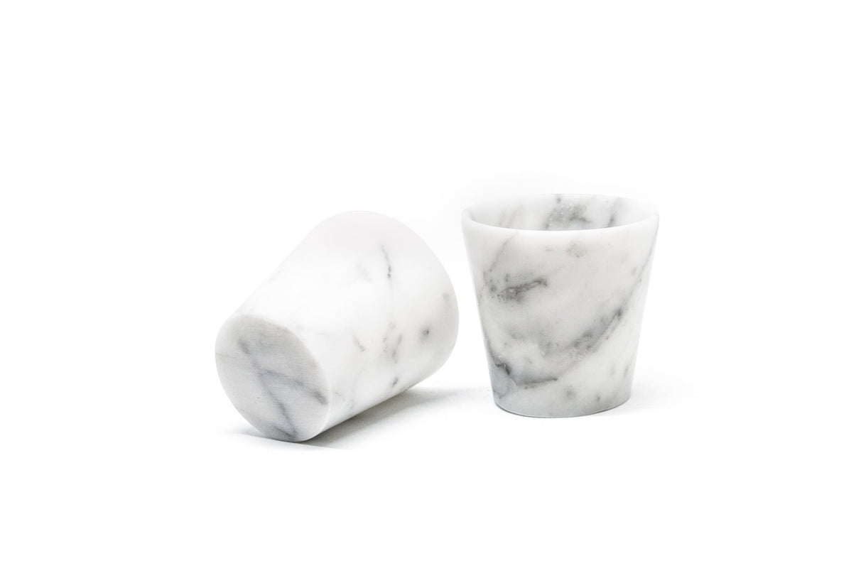 Unique Set of 2 Grappa Glasses in White Carrara Marble Satin in white background